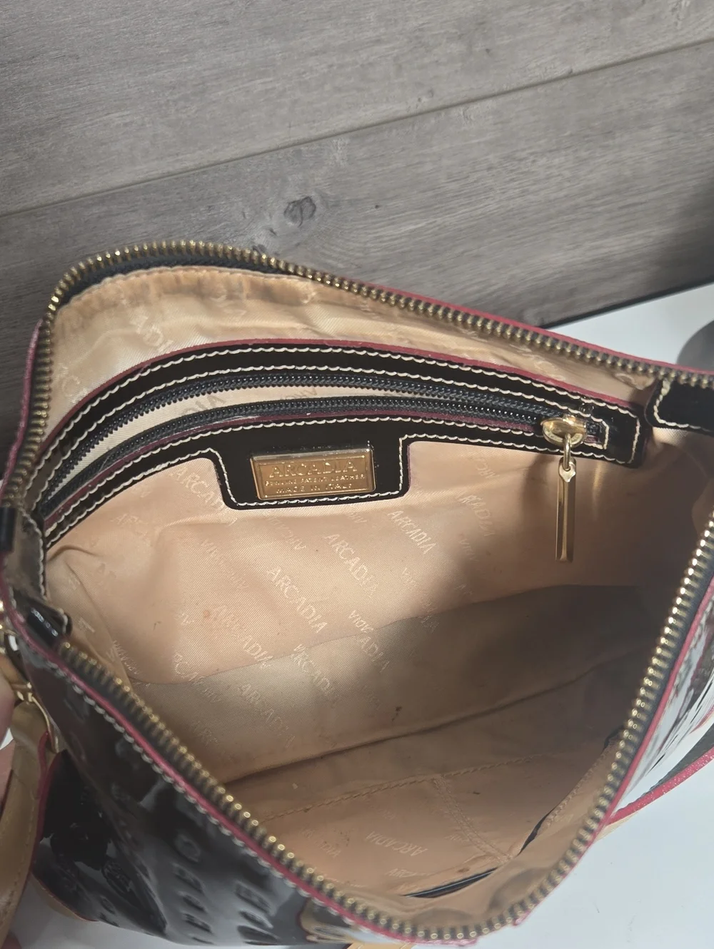 Arcadia Black Patent Italian Leather Crossbody  Shoulder Bag with Tan Trim